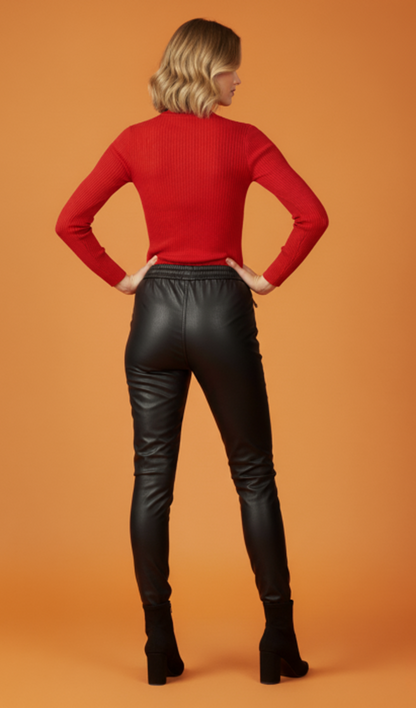 Kadın Siyah Deri Jogger Pantolon Beli Lastikli Rahat Şık