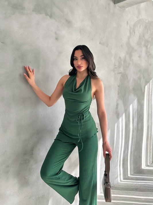 Kadın Yeşil Degaje Yaka Bluz ve Pantolon İkili Takım