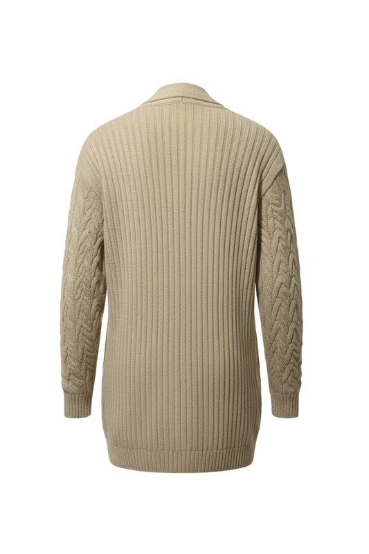 Kadın Krem Uzun Oversize Örgü Hırka – Chevron Desenli Triko