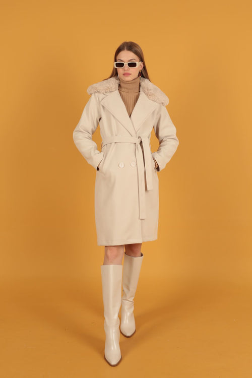 Kürk Detay Kadın Ekru Kaşe Kaban