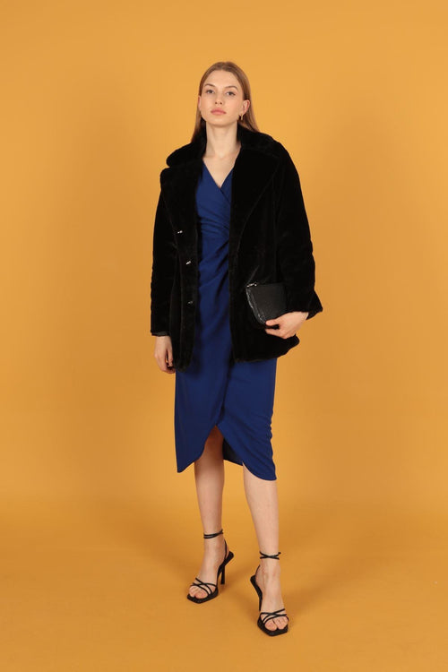 Peluş Kumaş Kadın Siyah Kaban