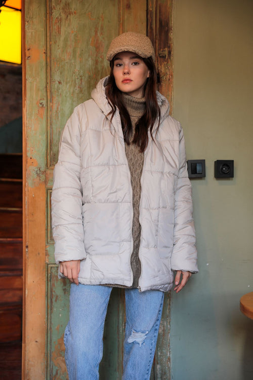 Kapitone Kumaş Fermuarlı Oversize Salaş Kadın Mont