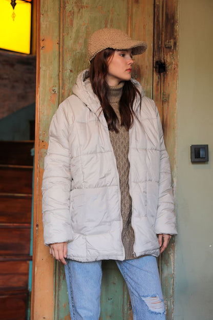 Kapitone Kumaş Fermuarlı Oversize Salaş Kadın Mont