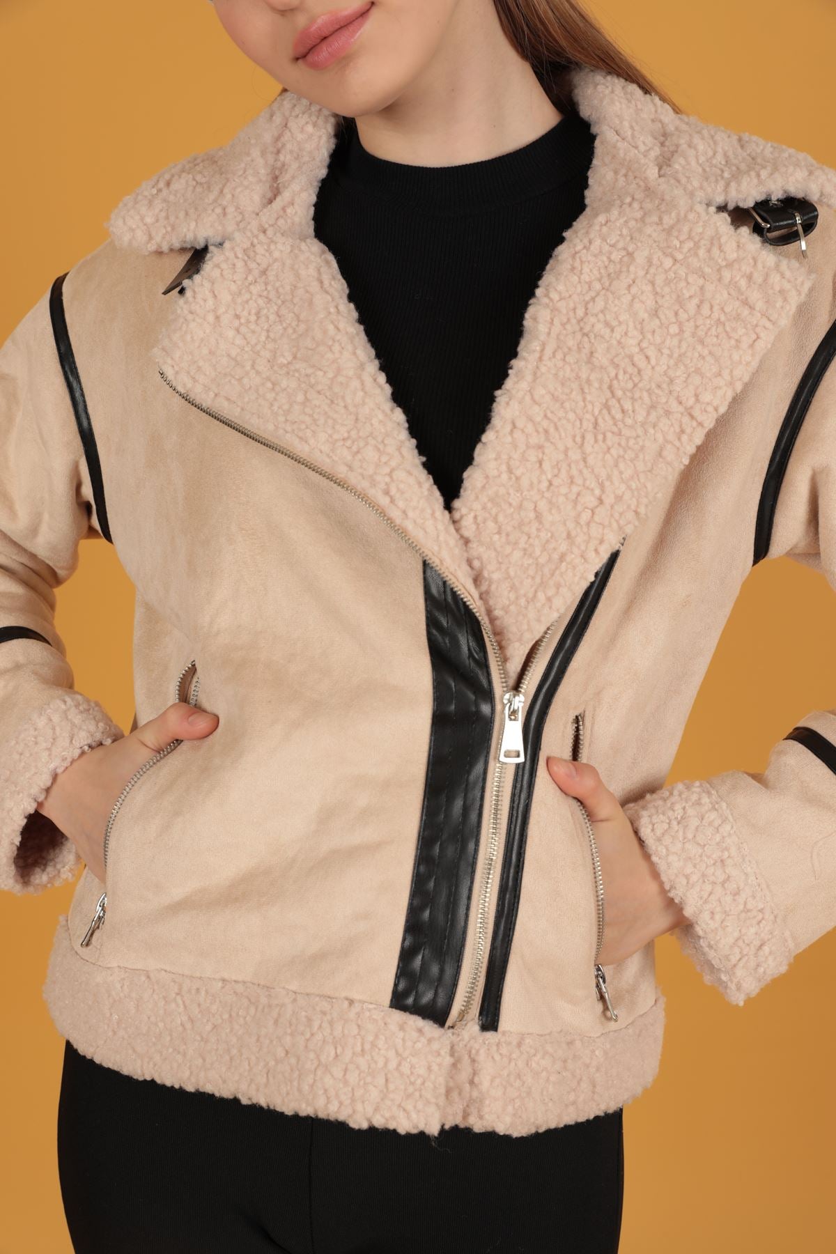 Süet Kıvırcık Kumaş Motorcu Taş Rengi Mont