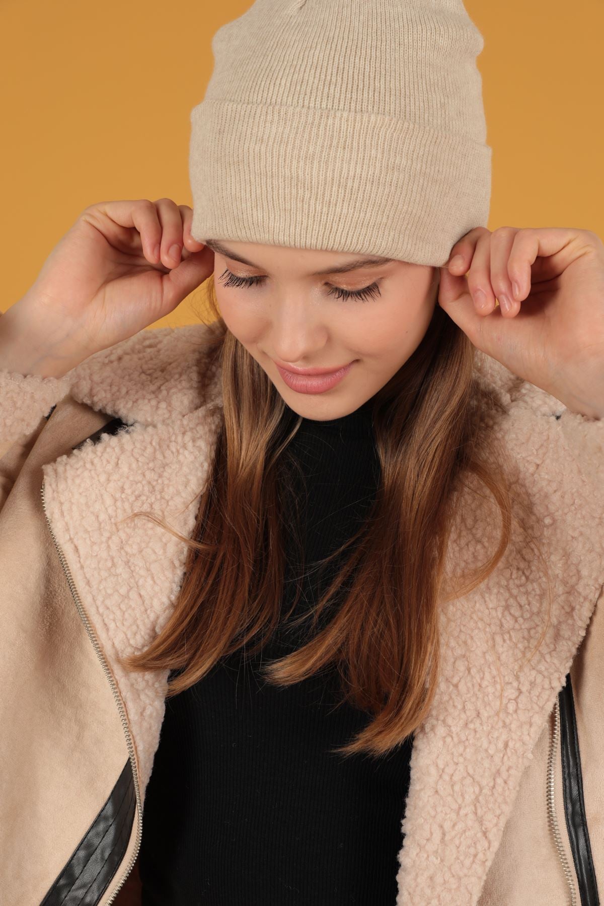 Süet Kıvırcık Kumaş Motorcu Taş Rengi Mont