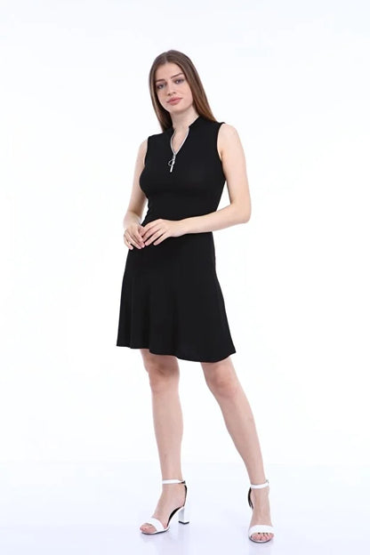 Kadın Siyah Yaka Fermuarlı Kolsuz Kaşkorse Elbise