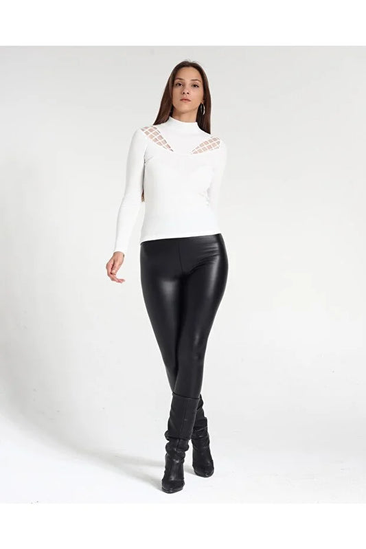 Kadın Desenli Dantel Detaylı Likralı Bluz