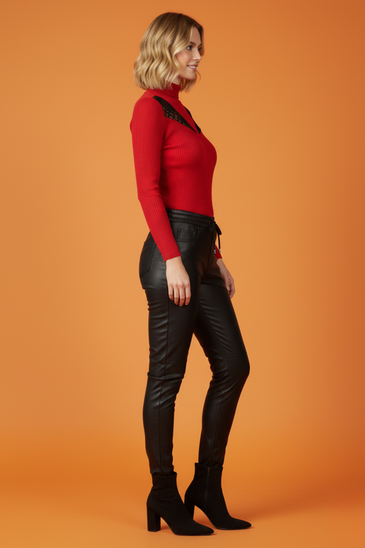 Kadın Siyah Deri Jogger Pantolon Beli Lastikli