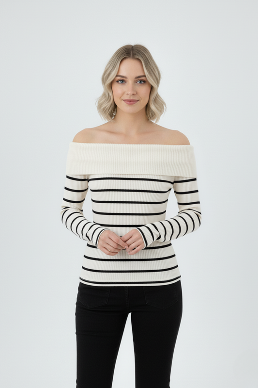 Kadın Çizgili Madonna Yaka Kaşkorse Beyaz Kazak