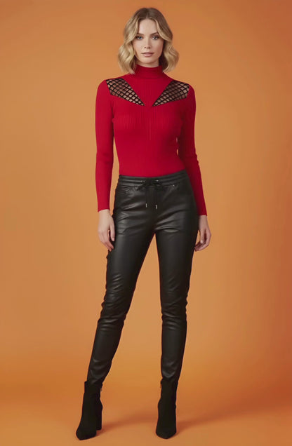 Kadın Siyah Deri Jogger Pantolon Beli Lastikli Rahat Şık