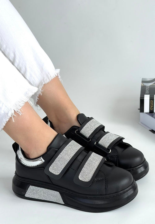 Nino Siyah Cilt Simli Cırt Cırtlı Spor Ayakkabı