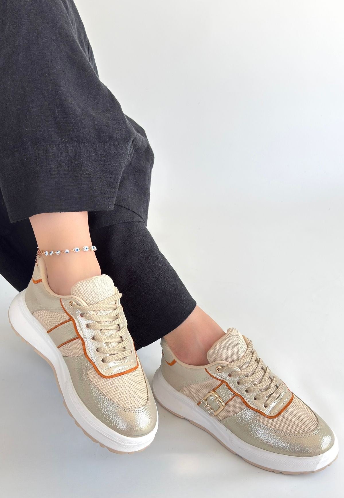 Tanwe Bej Cilt Bağcıklı Spor Ayakkabı